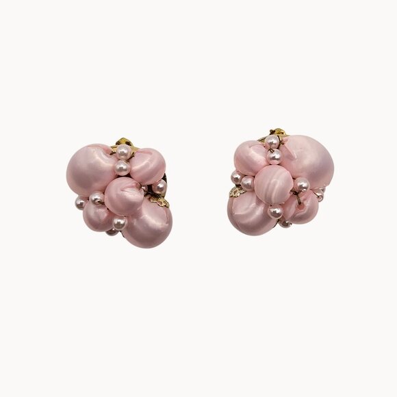 VTG Earrings Pastel Bubblegum Pink Cluster Beaded Clipon Fashion Jewelry Preppy - Picture 2 of 7